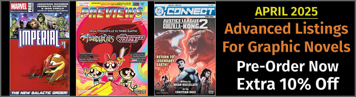 reedcomics's tweet photo. April 2025 Advanced Graphic Novel Listings.
EARLY DISCOUNT: 10% Off All Pre-Order Books by the Discount Offer Date.
Pre-Order today to secure your copy + Reward Points With Every Purchase. https://t.co/qo37VOFqIS https://t.co/ToUuJYiaCl