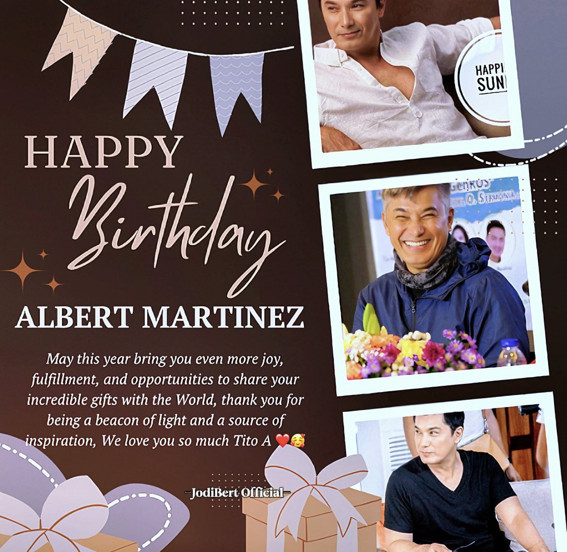 JodiBertOfc's tweet photo. Maligayang Kaarawan sa Nag iisang Agent Zandro Fernandez sa Buhay ni Jasmin Flores 🥰🎂 We love you So much tito @albertmartinezph 

Thank you For Always Supporting and Loving the JodiBert Fandom, Mahal na mahal ka namin 🥰 #AlbertMartinez #BirthdayNaNiAlbert https://t.co/TL0jyGbtIu