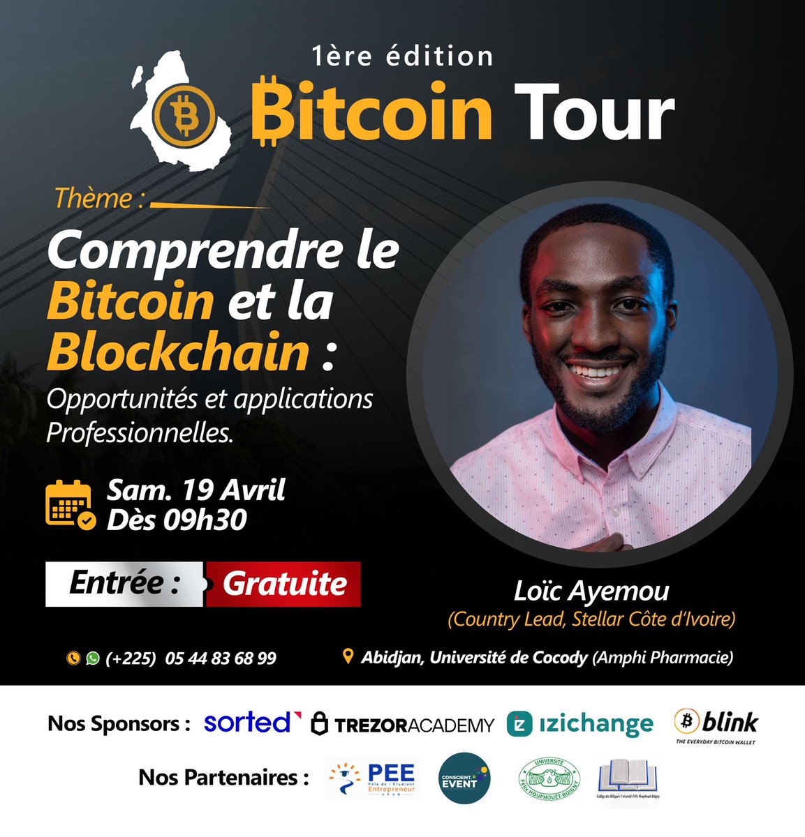 BitcoinBenin's tweet photo. Si vous êtes sur Abidjan 🇨🇮 demain, n’oubliez pas de prendre le rendez-vous Bitcoin Tour @bitcointour_ avec @BouhariMou2199 , @pio_taras et @AyemouLoic à l’Université de Cocody à 09H 🕘 

Belle opportunité pour apprendre plus sur Bitcoin.

Lien d’inscription 👇 https://t.co/KloUhWApSe
