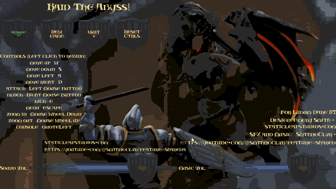 StaticLeapGames's tweet photo. We just wrapped up our Ludum Dare entry "Raid the Abyss" a top-down fantasy hack n’ slash.
https://t.co/ZvOFWpr8sC
Feedback welcome on the Ludum Dare page:
https://t.co/Oww2hq60Ml
Audio: Smthngclvr (YouTube) #ludumdare #ludumdare57 #gamejam #indiegame #indiedev https://t.co/JBvVThimoL