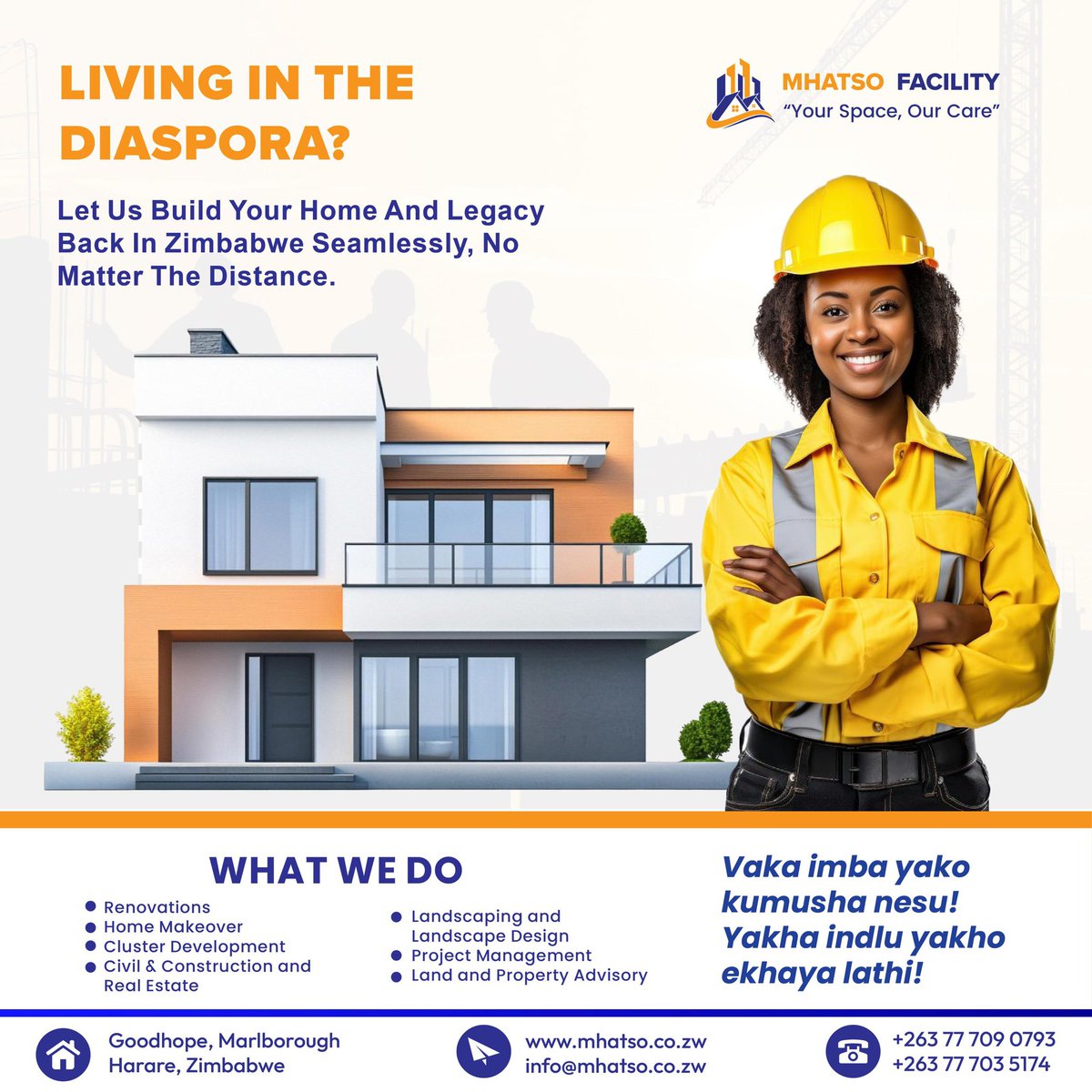 MHATSO FACILITY SERVICES (@mhatsofacility) on Twitter photo Dreaming of building back home while living abroad?
Get in touch today!
mhatso.co.zw | info@mhatso.co.zw
+263 77 709 0793 | +263 77 703 5174
#DiasporaProjects #BuildInZimbabwe #MhatsoFacility #HomeDevelopment #ZimConstruction #PropertyManagement Dreaming of building back home while living abroad?
Get in touch today!
mhatso.co.zw | info@mhatso.co.zw
+263 77 709 0793 | +263 77 703 5174
#DiasporaProjects #BuildInZimbabwe #MhatsoFacility #HomeDevelopment #ZimConstruction #PropertyManagement