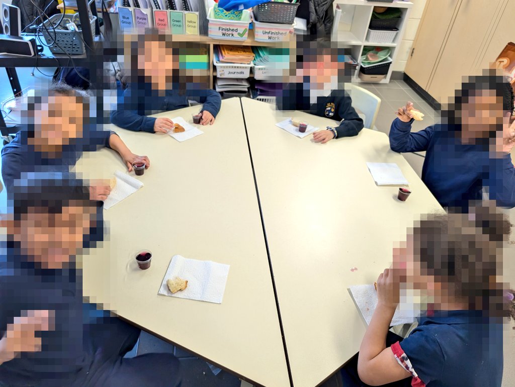 Yesterday, both Kindergarten classes came together on Holy Thursday to share the Last Supper - Breaking bread and drinking grape juice 🍞🍇as a meaningful way to reflect and prepare our hearts for Easter. 💜<a href="/tanya_mamone/">Tanya Mamone Fancy</a>
<a href="/ponte_ms/">Ms. Ponte</a>