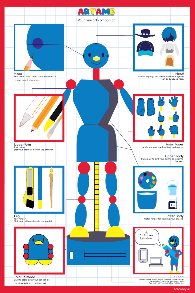 Happy #artclubie day!!
Meet Artame your new art pal.
Hold your tools , pose in a variety of ways , add your own figure accessories to create your own unique figure.
Learn more by connecting Artame to your device of choice.