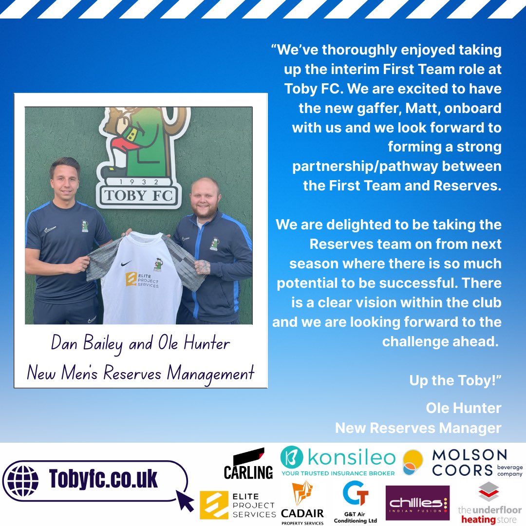 TobyFC_'s tweet image. 𝓜𝓪𝓷𝓪𝓰𝓮𝓶𝓮𝓷𝓽 𝓢𝓲𝓰𝓷𝓲𝓷𝓰 ✍️ 

We are delighted to announce the appointment of Ole Hunter as Toby FC Reserve Team Manager, effective from the start of pre-season. He will be assisted by Dan Bailey. 

Both have done an amazing job with the first team on an interim basis…