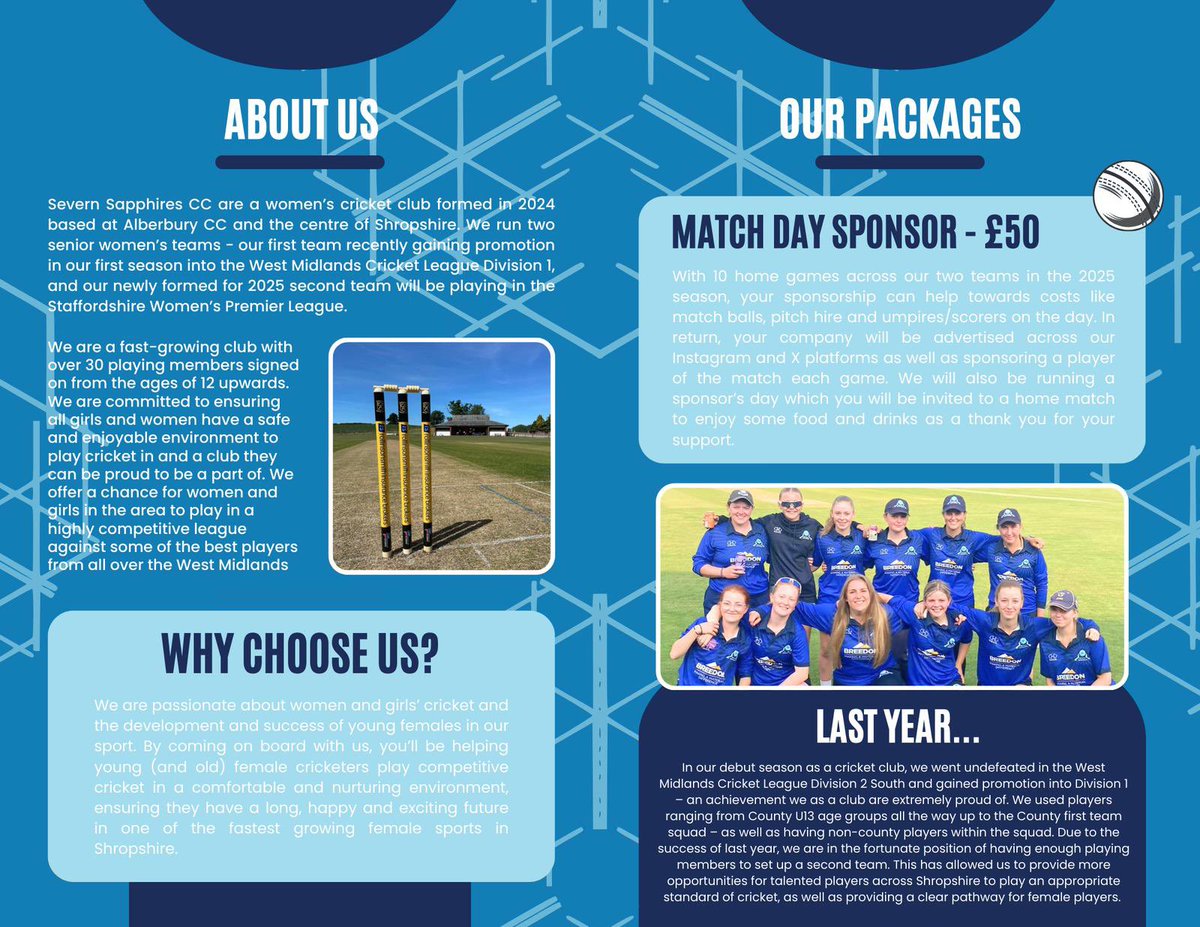 🏏🔷Sponsorship Opportunities Available! 

We are looking for match day sponsors for our home games this year! A great way to support an rapidly growing club and be a part of a friendly and winning team 🏏 If you are interested please contact Robyn or Lara for more details 🙌🏼