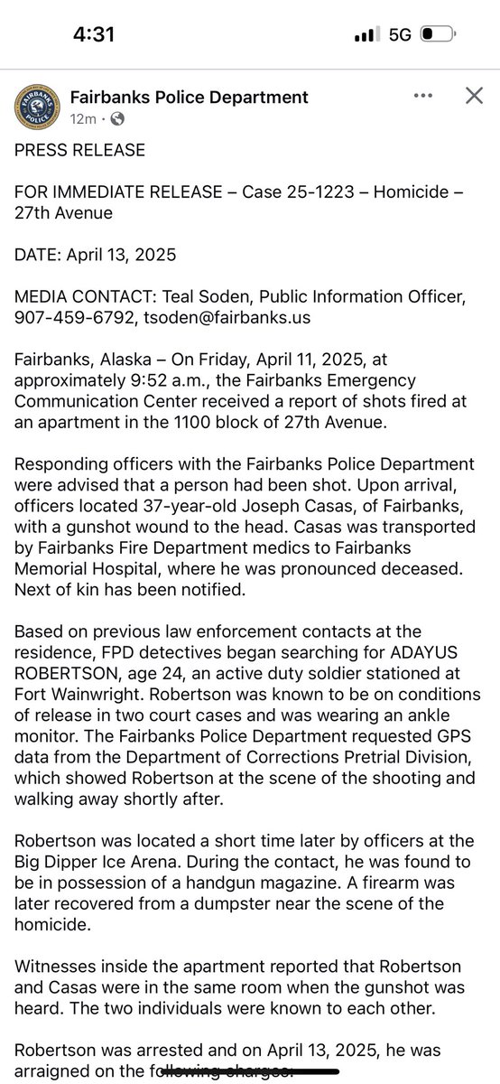 julz9oh7's tweet photo. @lisamurkowski @SecretaryBurgum What change will you make to keep your community safe from judges with no regard for the communities safety when it comes to soldiers murdering civilians?
Judge Peterson let a violent soldier from Wainwright roam Fairbanks after MULTIPLE FELONY ASSAULTS + MULTIPLE ESCAPE CHARGES! https://t.co/3mlOCaVFCl
