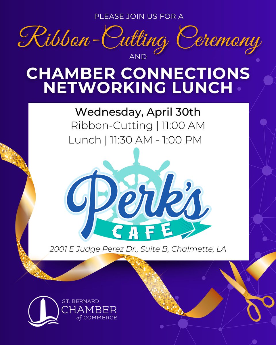 StBChamber's tweet photo. ✂️ Celebrate the grand opening of Perk’s Café with a ribbon cutting at 11 AM on April 30! 🎉
Then stick around for our Chamber Connections Networking Lunch (11:30–1).
Let’s give this new biz a warm St. Bernard welcome! 💙 https://t.co/tlSMkqcA4s