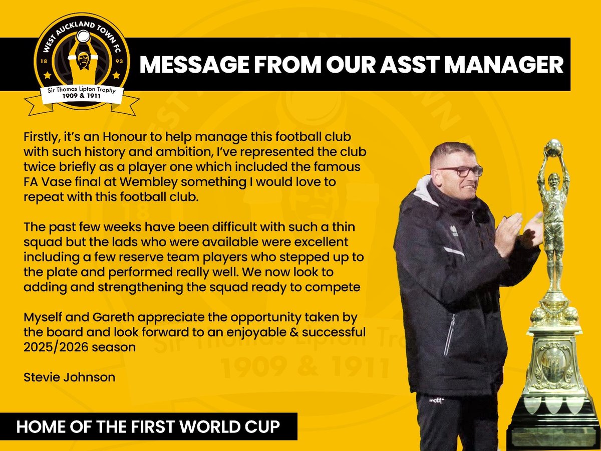 The Board of West Auckland Town AFC is pleased to officially announce the appointment of Gareth Young and Stevie Johnson as our new first team management team.

We would like to extend our sincere thanks to all applicants for their interest in the role.