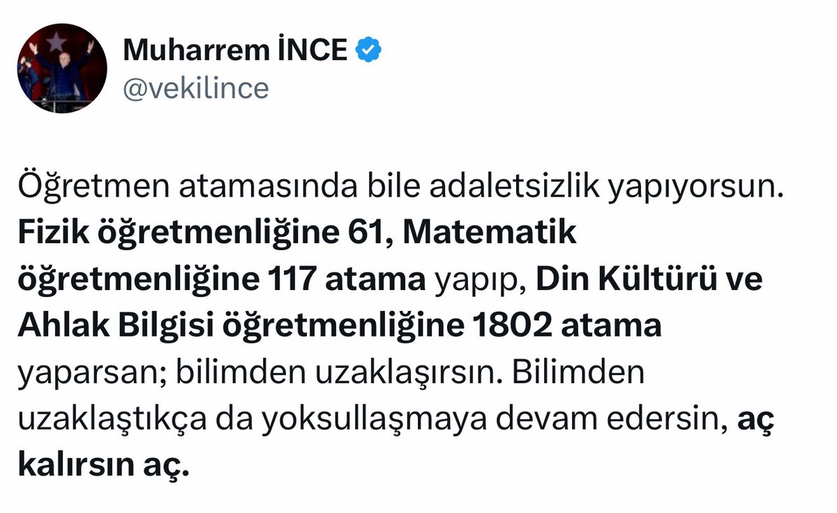 ogretmenlersyfs's tweet photo. Eski Öğretmen Muharrem İnce’den branşlara göre verilen kontenjana tepki. https://t.co/yhBjArYJ4v