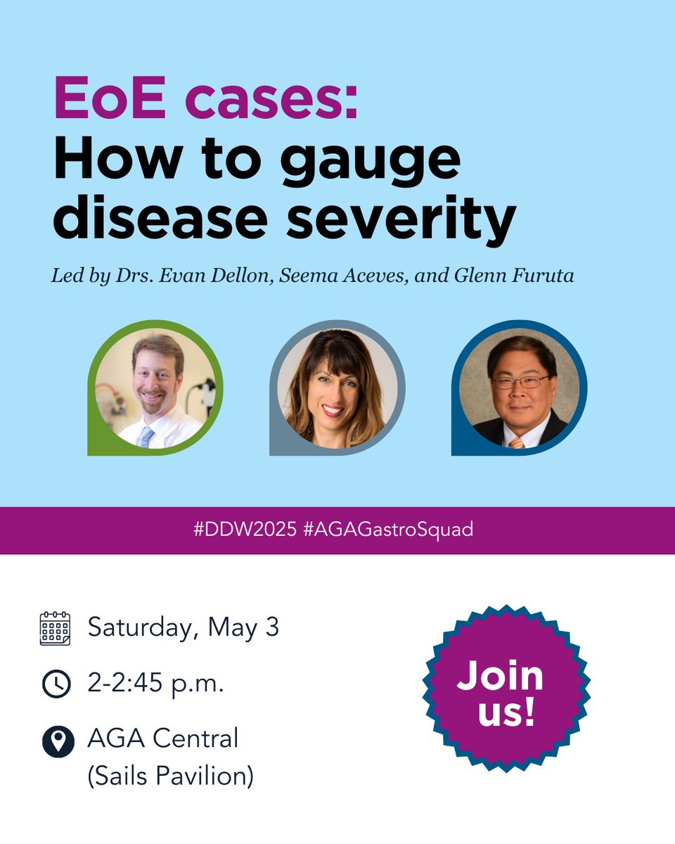 Learn how you can manage #EoE with confidence. Walk through cases with Drs. Evan Dellon, Seema Aceves, &amp; Glenn Furuta during our EoE case session at #DDW2025 and how to use tools like #ISEE. ow.ly/hIgh50VE2zJ  

📅 Saturday, May 3, 2 p.m.  
📍 AGA Central (Sails Pavilion)