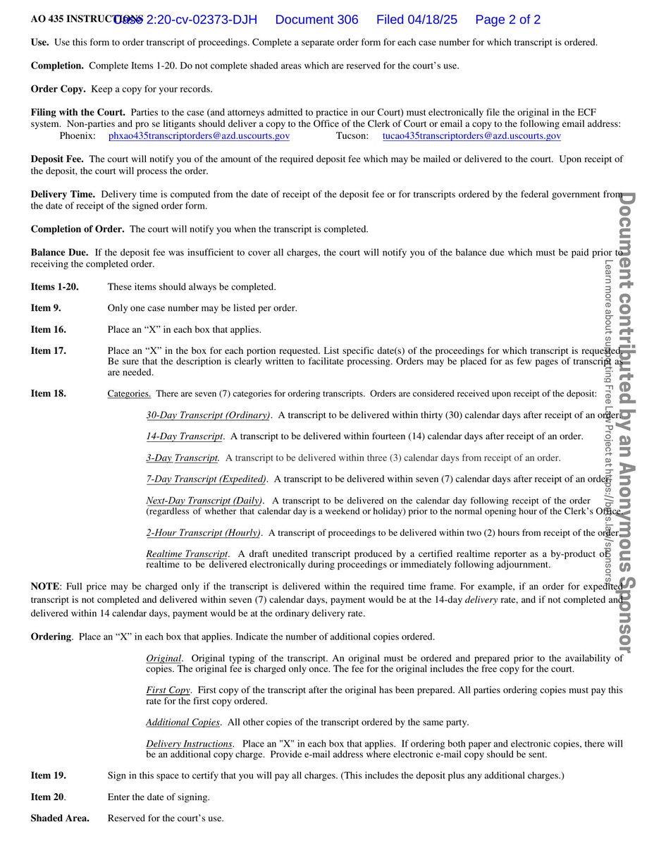 psy_cases's tweet image. New filing: &quot;Arizona Yage Assembly v. A.G. (Religious freedom - sacrament seizure)&quot;
Doc #306: Transcript Request

PDF: courtlistener.com/docket/1872389…

#CL18723894