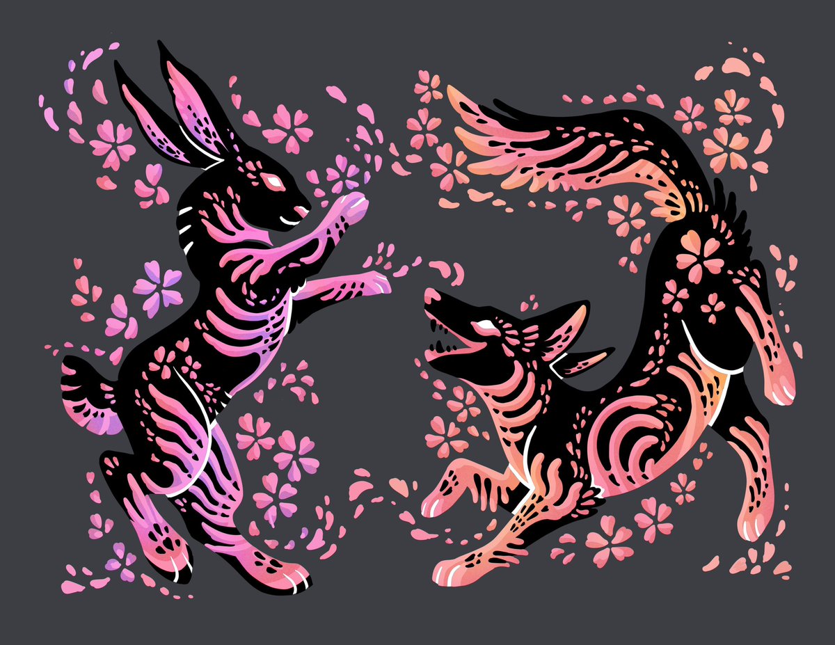🌸 Dancing hare and coyote in the blossoms