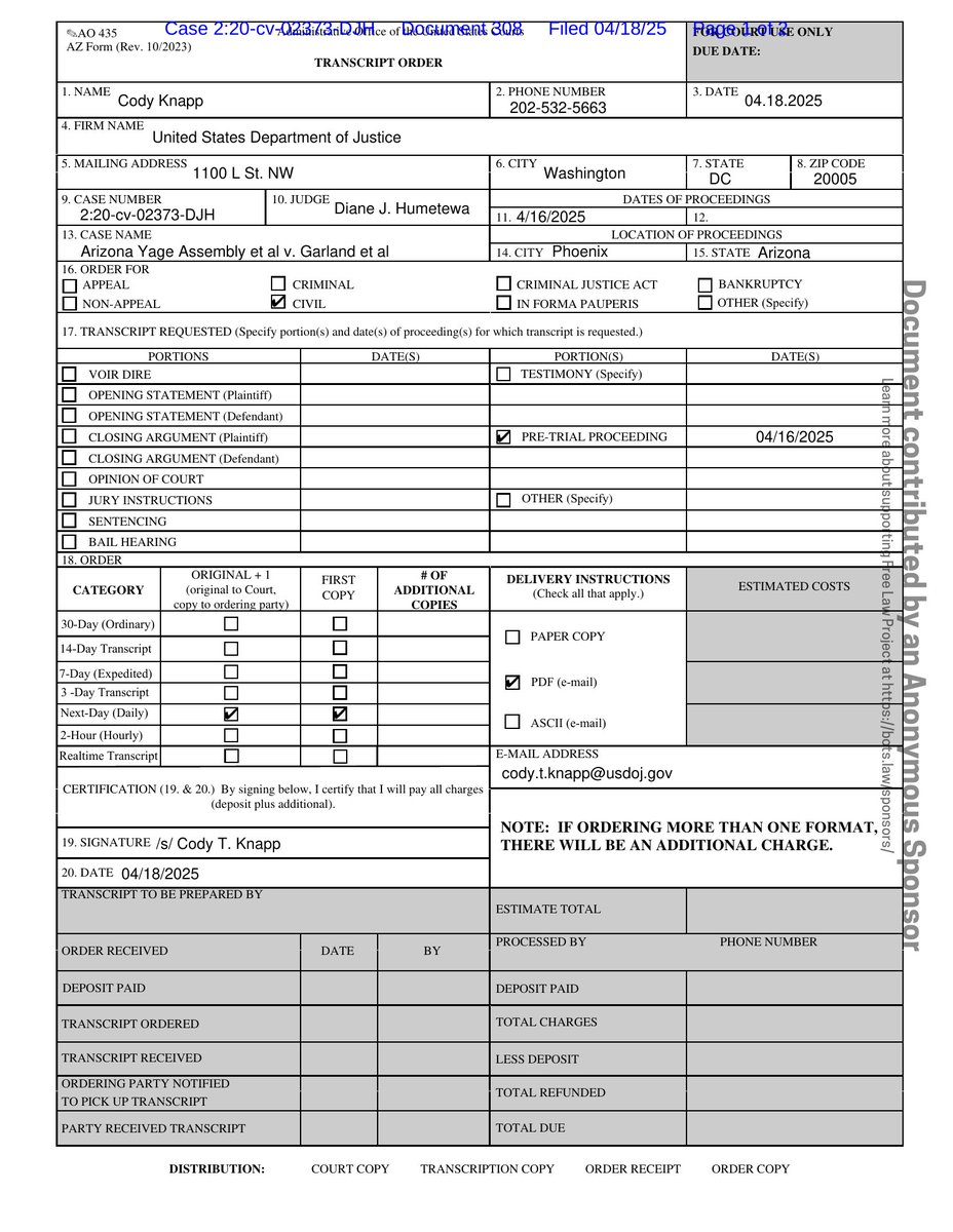 psy_cases's tweet image. New filing: &quot;Arizona Yage Assembly v. A.G. (Religious freedom - sacrament seizure)&quot;
Doc #308: Transcript Request

PDF: courtlistener.com/docket/1872389…

#CL18723894