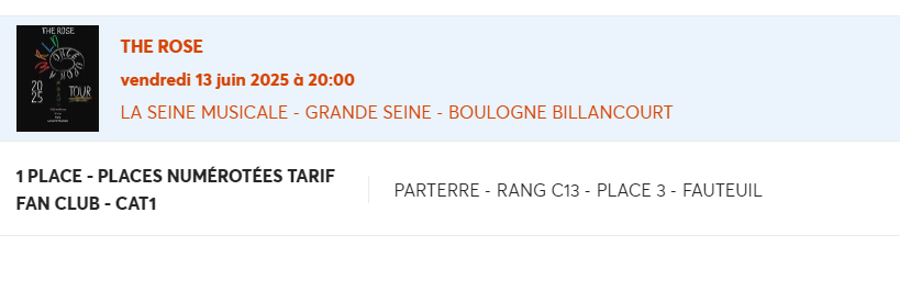 VictorySunny_'s tweet photo. Hello ! Je vends une place pour le concert de The rose le 13 Juin à Paris 
 Cat 1 Parterre C13 Place 3 
Prix : 100.50€  
Billet physique (pas de ebillet) envoi ou remise en main propre  (à voir en fonction de l'heure)😊 https://t.co/xqdwwZsdRS