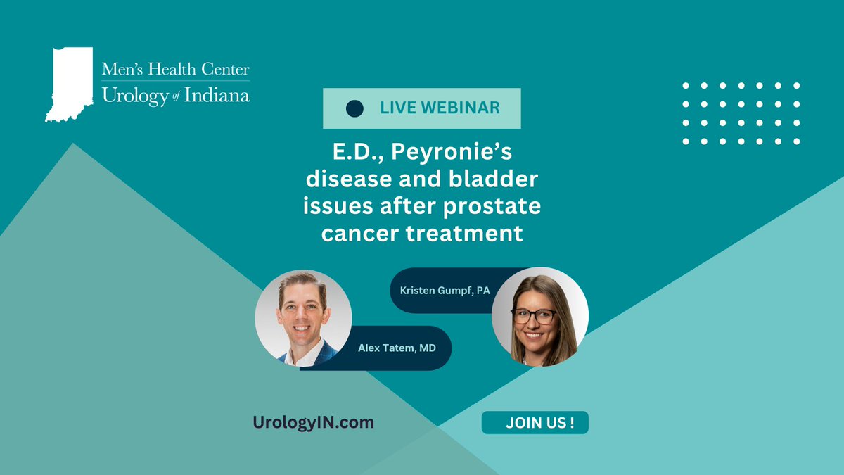 Join us for a Men’s Health Webinar May 13th at 7:00 pm EST. Topics: E.D., Peyronie’s disease and bladder leakage after Prostate Cancer treatment. bit.ly/Tatem513