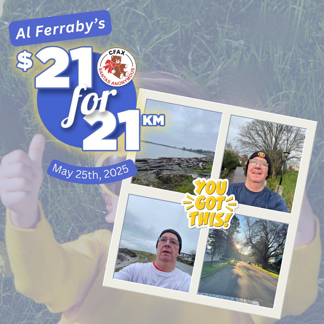 🎉 You've Got This, Al! 👍

Al’s back at it for his 11th run in the Oak Bay Half Marathon, raising funds for CFAX Santas Anonymous and supporting local kids in need! Let’s cheer him on and help him crush this challenge!

Visit: canadahelps.org/en/pages/als-2… to support Al! 💖
