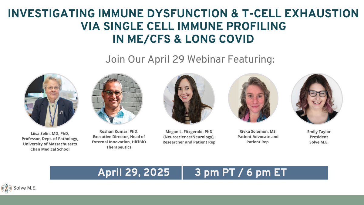 Register for our April 29 (3 pm PT/6 pm ET) webinar "Investigating Immune Dysfunction &amp; T-Cell Exhaustion via Single Cell Immune Profiling in #MECFS &amp; #LongCOVID," w/panelists from <a href="/SelinLab/">Selin Lab</a> <a href="/hifibio/">HiFiBiO Therapeutics</a>. 

Sign up: ow.ly/4Spj50VumTk