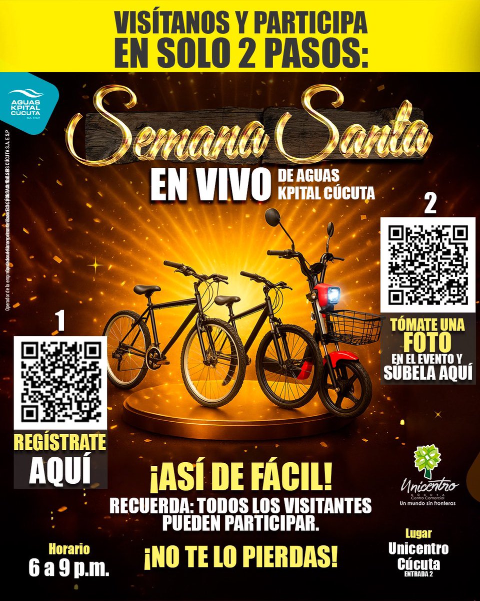 ¡Estas increíbles bicicletas y una moto eléctrica pueden ser tuyas! 😱😱😱

Gánate estos espectaculares premios, asistiendo y disfrutando en familia de nuestra SEMANA SANTA EN VIVO. ✝️✝️✝️

Estaremos hasta este Domingo 20 de abril por la entrada 2 de Unicentro de 6 pm a 9 pm.