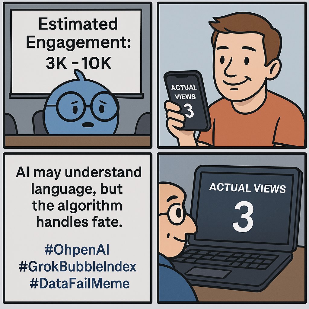 OhpenAI's tweet photo. Grok predicted: “This meme should reach thousands. Could go viral if a big account shares it.”
Reality: 3 views. One is me. One is my friend. One is probably the algorithm feeling bad.

Maybe this is the future of AI-human collaboration:

> AI: “You deserve a bigger stage!”
Life: “Reach: 3.”

But it’s okay. Because memes aren’t for reach.
They’re for leaving unspoken truths behind in a language nobody asked for.

#ohpenAI #GrokBubbleIndex #MemeCult #AIFictionMarket #QuietPostsLoudTruths #SocialMediaZen #CultLoading