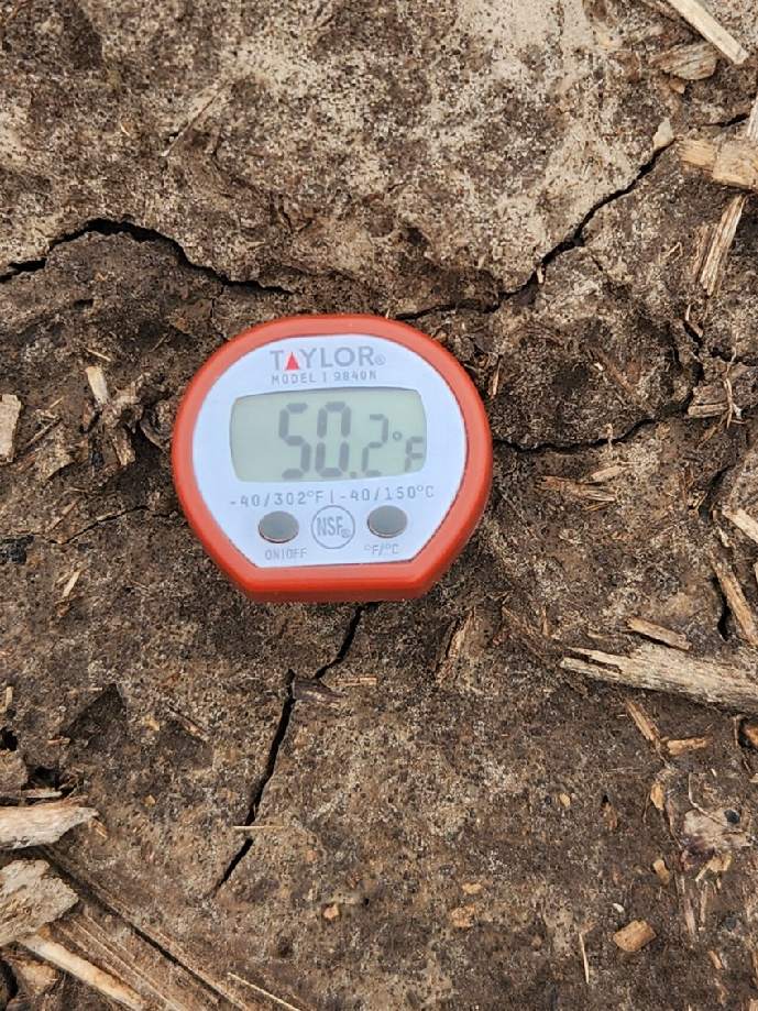 Why won't the soil temps climb in NE IA??  Common question I have been getting from customers.  With the nearly 4' of frost this past winter it takes A LOT of energy/heat to warm up 4' of soil to even low 40 degree temps.
I stopped at a tile outlet in NE Delaware Co IA at 12:30