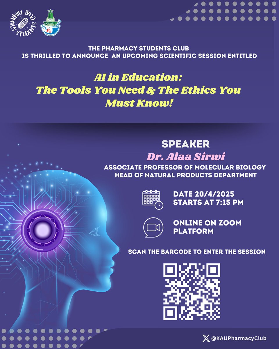 تتخيل دراستك تصير أسهل؟ 
تتخيل AI يساعدك؟ 🤔

بس لحظة… فيه أدوات لازم تعرفها، وفيه أخلاقيات لازم تنتبه لها!

أولى محاضراتنا العلمية بعنوان: 
AI in Education
مع د. آلاء سروي

📆 20/4/2025
⏰ 7:15 مساء
📍منصة ZOOM 

#PSC_Research 
#نادي_الصيدلة_الطلابي