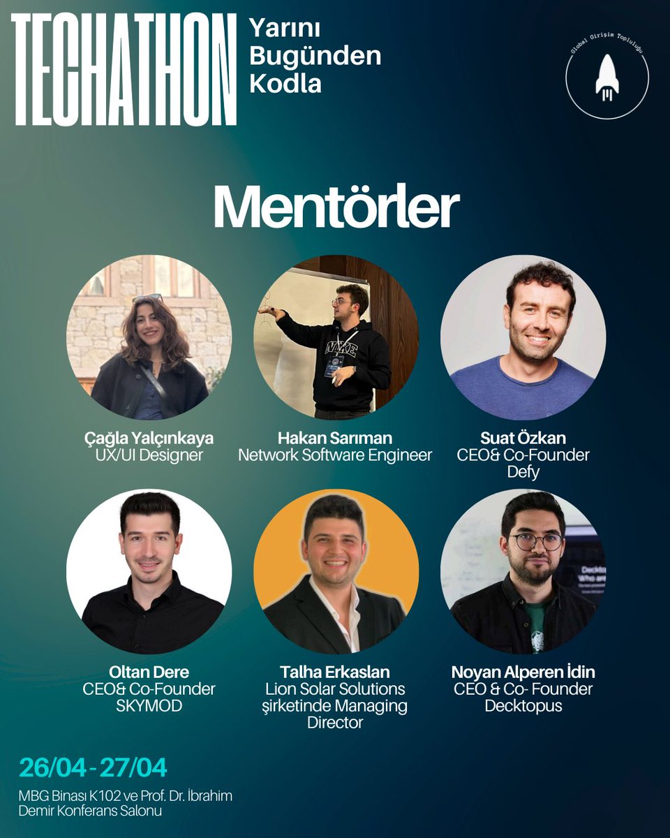 iztechgec's tweet photo. TECHATHON MENTÖRLERİ İLE TANIŞIN
27 Nisan 10.00-12.30 saatleri arasında Jüri öncesi mentör desteği ile projeni bir üst seviyeye taşı.

Çağla Yalçınkaya – UX/UI Designer
Hakan Sarıman – Network Software Engineer
Suat Özkan – CEO &amp; Co-Founder, Defy https://t.co/fMTW6dzfuQ