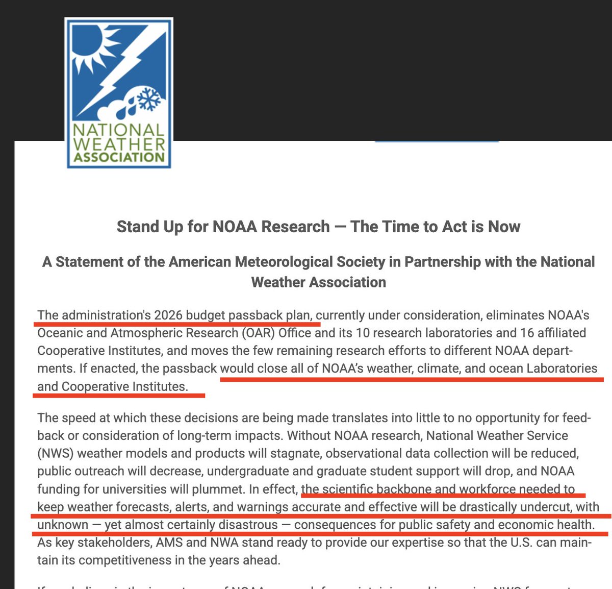 Dire statement from the National Weather Association:  "almost certainly disastrous consequences for public safety and economic health."