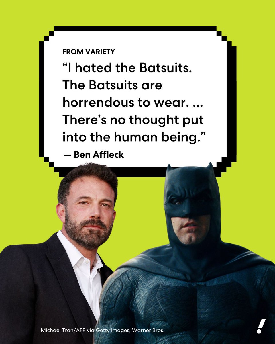 Playing Batman isn't all it's cut out to be.

Ben Affleck told GQ he hated wearing the Batsuits while playing Bruce Wayne, aka Batman. "It just made it difficult to make the movie, because you're so hot." yahoo.trib.al/X5moQjY