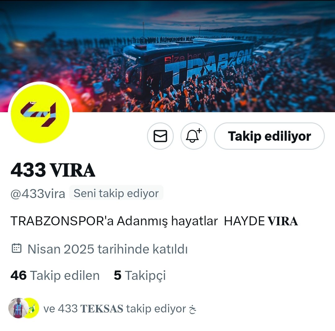 Twitter'da Trabzonspor taraftar hesabı eksikliğini doldurmak için <a href="/433teksas/">433 𝐓𝐄𝐊𝐒𝐀𝐒</a> ile ortak açtığımız <a href="/433vira/">433 𝐕𝐈𝐑𝐀</a> hesabını takip edelim bu gönderiye de RT atalım kardeşcanlar 🫂