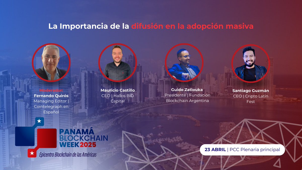 Panama Blockchain Week (@pbw2025) on Twitter photo 📣 La difusión es la clave para impulsar la adopción masiva de nuevas tecnologías.
En la #panamablockchainweek2025 no te pierdas el panel "La Importancia de la Difusión en la Adopción Masiva". 🌍🔥
Este panel contará con la moderación de
<a href="/FernandoQuiros/">Fernando Quiros</a> (Managing Editor | 📣 La difusión es la clave para impulsar la adopción masiva de nuevas tecnologías.
En la #panamablockchainweek2025 no te pierdas el panel "La Importancia de la Difusión en la Adopción Masiva". 🌍🔥
Este panel contará con la moderación de
<a href="/FernandoQuiros/">Fernando Quiros</a> (Managing Editor |