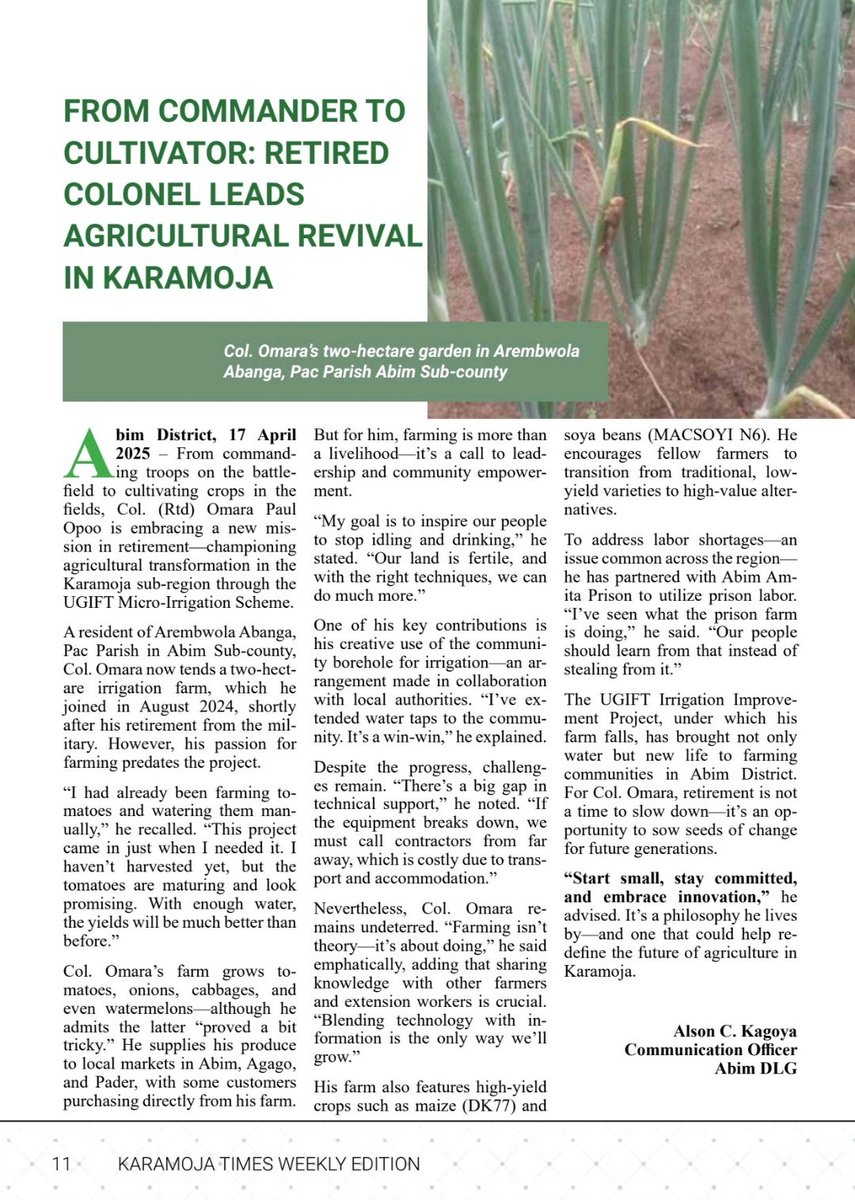 FROM COMMANDER TO CULTIVATOR: COLONEL LEADS AGRICULTURAL REVIVAL IN KARAMOJA. 
#karamojatimes
<a href="/carolinealson/">Caroline Alson Kagoya.</a> 
<a href="/WorldBank/">WorldBank</a> 
<a href="/MoLGUganda/">Ministry of Local Government</a> 
<a href="/MAAIF_Uganda/">MAAIF 🇺🇬</a> 
@UGIFT