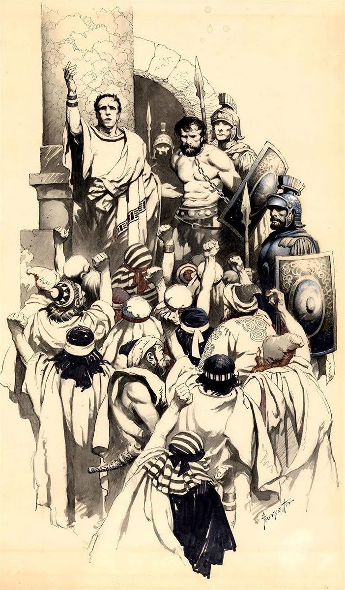 Frank Frazetta’s powerful artwork for NBC’s 1968 TV movie Give Us Barabbas ran in newspapers and magazines nationwide.