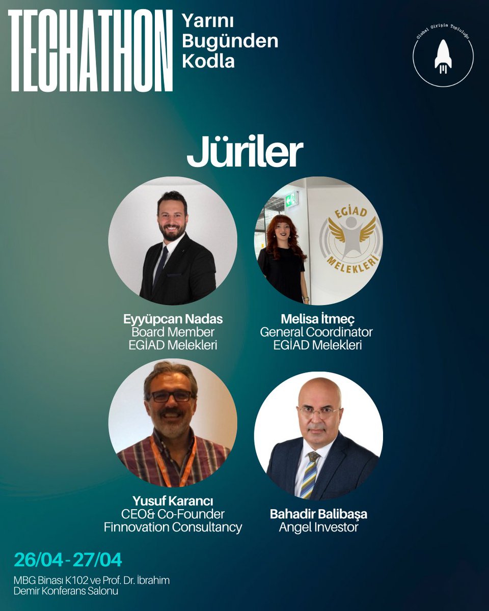 iztechgec's tweet photo. TECHATHON JÜRİLERİ İLE TANIŞIN!
Projeleriniz, yatırımcılar tarafından değerlendirme fırsatı yakalayacak

🔹 Eyyüp Can Nadas – Board Member, EGİAD Melekleri
🔹 Melisa İtmeç – General Coordinator, EGİAD Melekleri
🔹 Yusuf Karancı – CEO &amp; Co-Founder, Finnovation Consultancy https://t.co/ChGuxeREZ2
