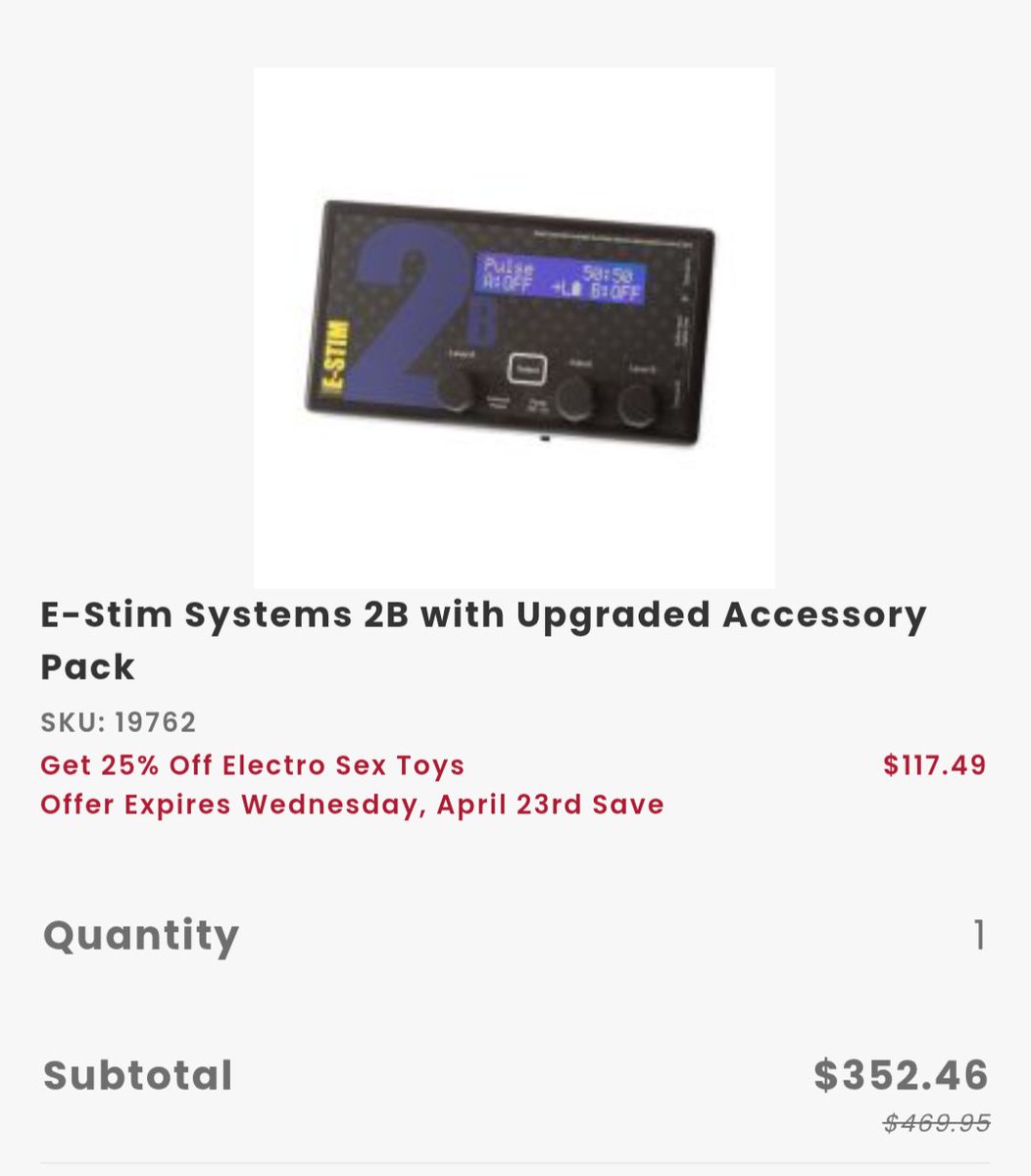 Not sure who needs to hear this, but <a href="/665Leather/">665 Leather and Fetish Company</a> has a 25% off electro sex toys sale until Wednesday.

Also not sure who needs to hear this, but I'll soon be the owner of an <a href="/estimsystems/">E-Stim Systems</a> 2B very soon. 👀😈⚡🍆