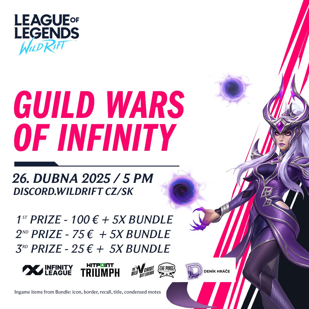 Spojili jsme síly s Infinity League a přinášíme vám Guild vs Guild turnaj s prizepoolem 200 €!

📅 26. dubna 2025

Tohle není o jednotlivcích - tohle je o komunitě. Seber kámoše, obleč barvy své guildy a ukaž, kdo je nejlepší v regionu!

📌 Registrace do 25. dubna, 20:00