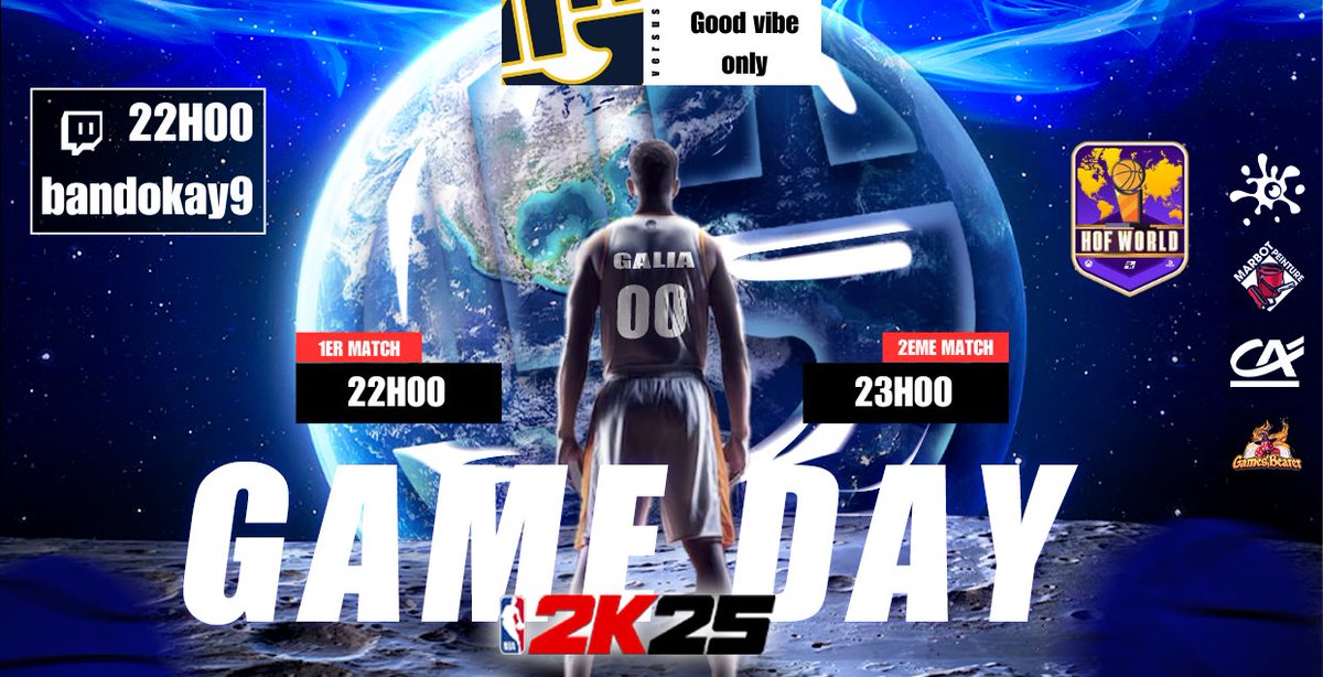 GaliaEsport's tweet photo. 🏀Gameday🏀
@HOFWorld2K – Division 2, Groupe B
Premier affrontement pour nos joueurs 🔥
🆚 Galia Esport vs #GoodVibeOnly
📅 18/04 – 🕙 22:00 CET
📺 En live sur la chaîne de notre Capitaine : https://t.co/Xf9YEdpWrE
#HOFWorld #GaliaEsport #NBA2K25 #EsportFrance https://t.co/wTVVev7x10