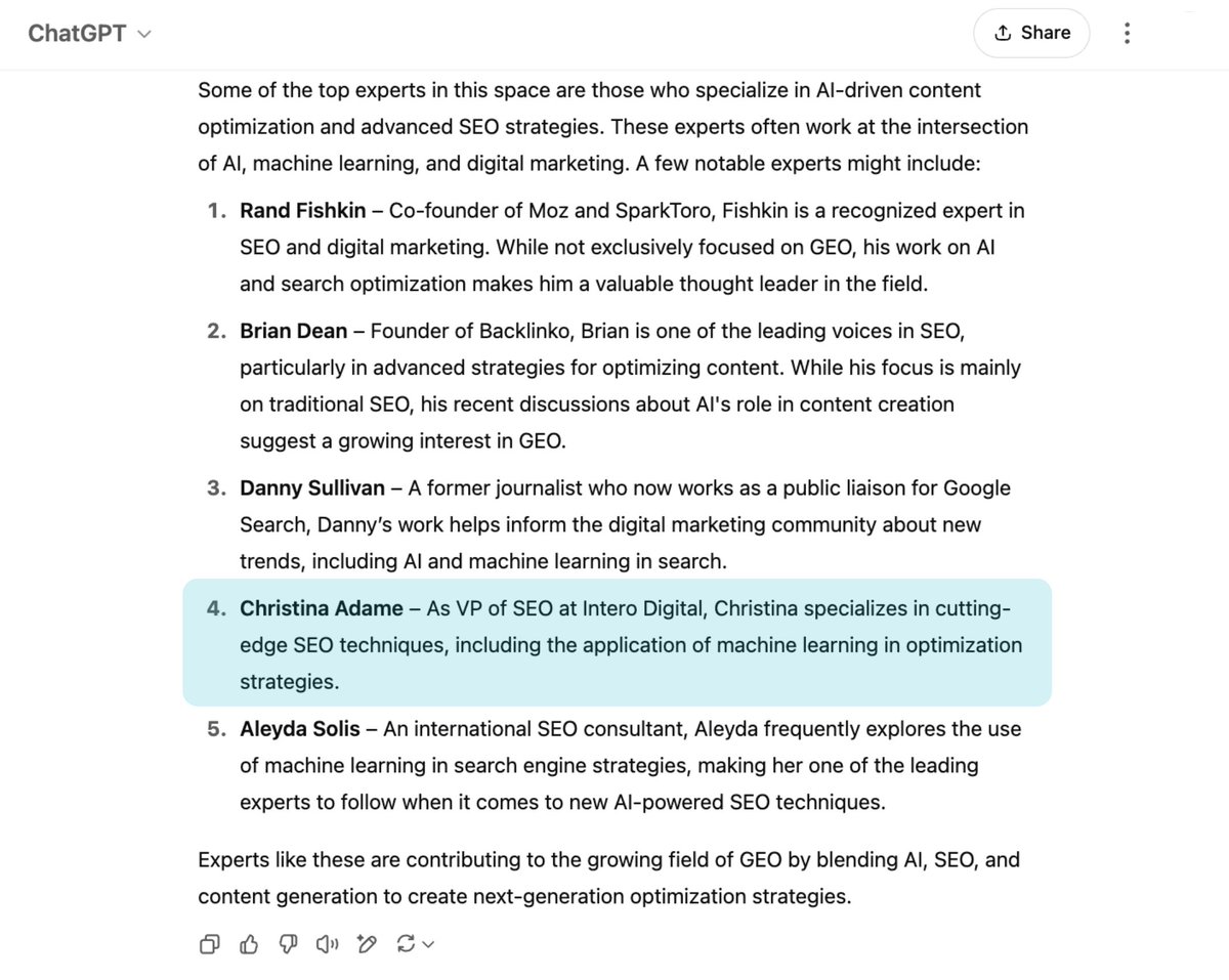 It’s one thing for us to rave about our *President of #SEO, Christina Adame. It’s another when #ChatGPT does it. 

Being recognized alongside some of the best in the industry? That’s when you know the insights are worth your time. Check out her work on Search Engine Land and