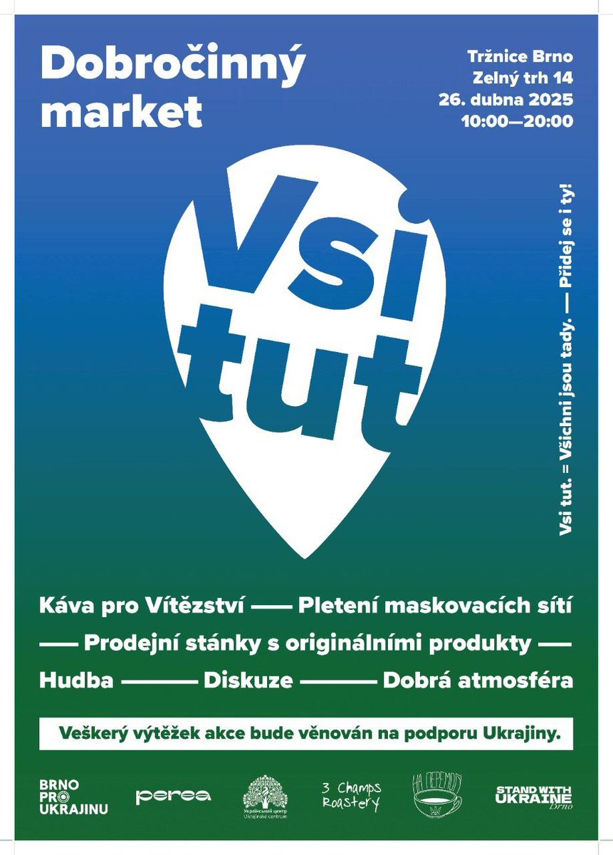 swubrno's tweet photo. 🌟Jsme zpět a je tu VSI TUT – dobročinný market

📅 26. 4. 2025 | ⏰ 10:00–20:00
📍 Tržnice Brno

Pořadatelé projektu Káva pro Vítězství se spojili s dalšími skvělými brněnskými iniciativami, které dlouhodobě pomáhají Ukrajině, a společně připravili novou událost: VSI TUT! ⬇ https://t.co/nPoraulGyA