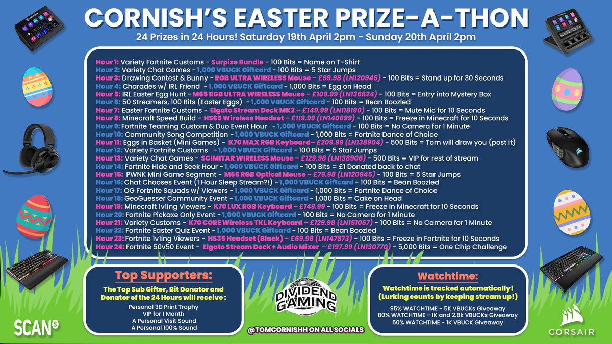 🐣🎁Cornish's 24 Hour Easter Prize-a-Thon🎁🐣

🗓 TOMORROW @ 2PM til Sunday 20th 2PM (UK Time)
🎮 £1,500+ worth of prizes
💛 Sponsored by <a href="/ScanComputers/">Scan Computers</a> &amp; <a href="/CORSAIR/">CORSAIR</a> 

#Giveaway #Scan #Corsair #EasterEvent