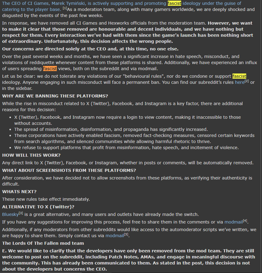 The Lords of the Fallen subreddit has banned the developers of the game from posting on it, citing "fascist ideology" from the CEO of CI games