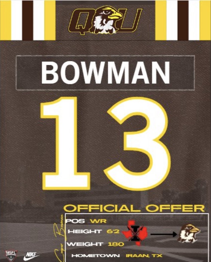cooperbowman13's tweet photo. After some great talks with @CoachJones256, I am blessed to announce I have received an offer from @QUHawksSprintFB. #HawksFly https://t.co/9zBT4OuUko