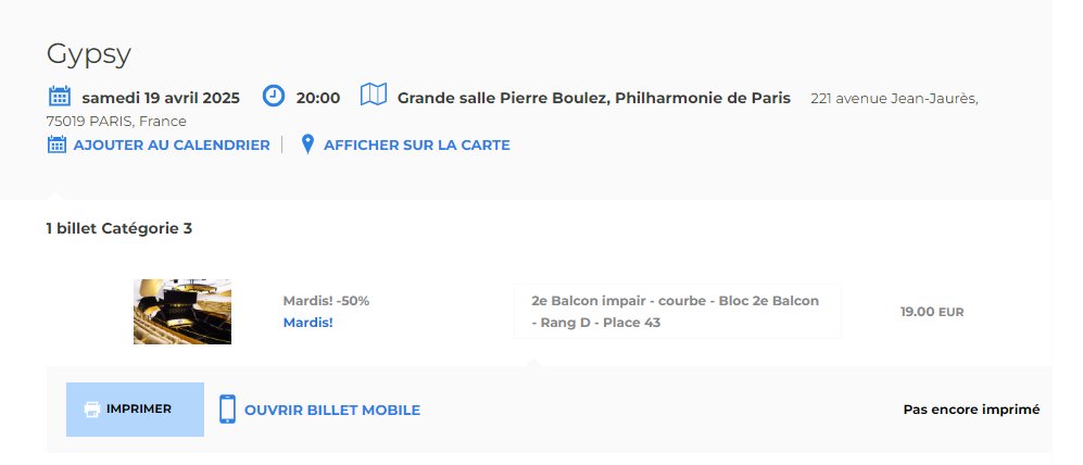 carnetsol's tweet photo. Je vends une place :

¶ Gypsy de Julia Styne &amp; Stephen Sondheim
Philharmonie de Paris, Samedi 19 avril, 20h
19€

Prise pour offrir à C. tandis qu'elles étaient vendues à moitié prix (38€ en dernière catégorie, sinon)… mais elles ne sont pas exportables sur la Bourse ! https://t.co/6K91GSbWGU