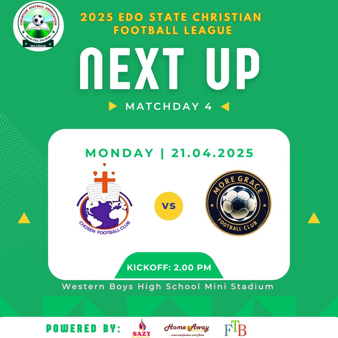 Matchday 4 Fixtures Alert! ⚽️

Get ready for an exciting Easter Monday! 

Here's a quick view of Matchday 4 fixtures for the Edo State Christian Football League...

Let's make this Easter Monday unforgettable!

#Edochristianfl 
#EdoStateChristianLeague #Matchday4 #EasterMonday