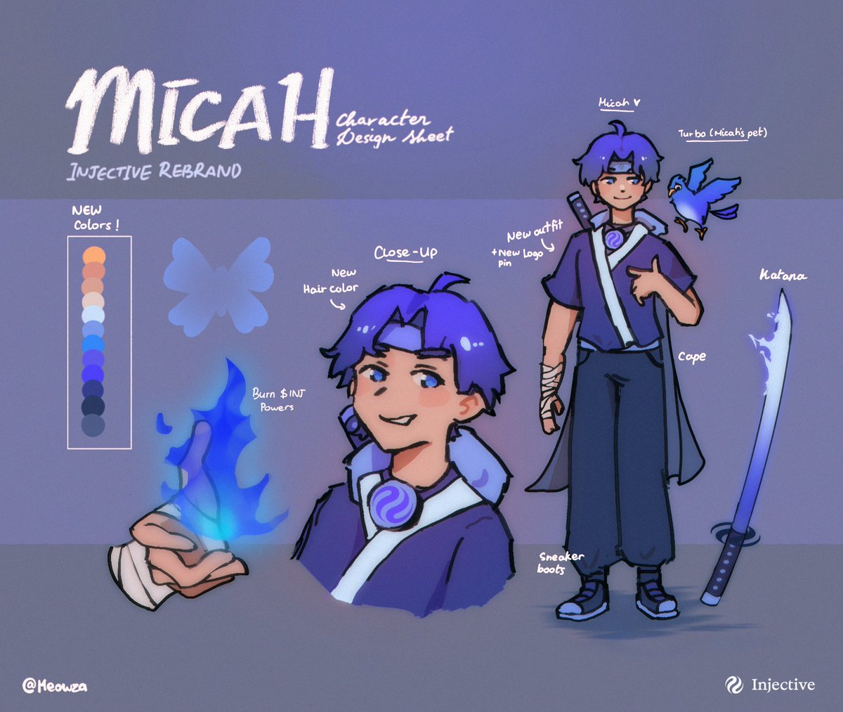 Micah just got a major makeover!🪻

I'm super excited about the new era of digital finance that <a href="/injective/">Injective 🥷</a> is gonna bring.

Therefore along with the major rebrand, our blueboy Micah will also get a brand new outfit and colour scheme! 

His character sheet is right here! Enjoy :)