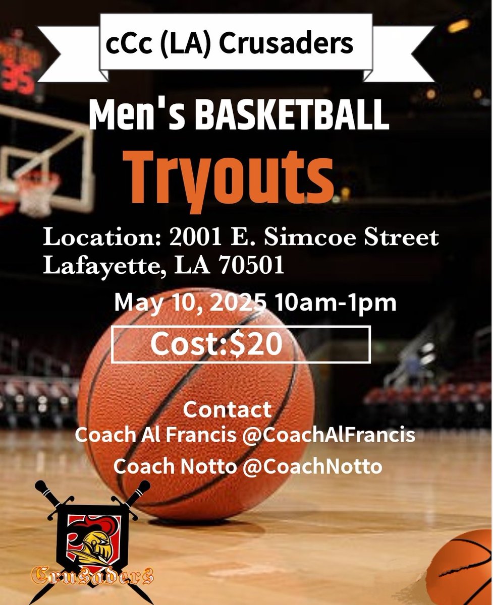 Community Christian College Crusaders (@louisianacommu1) on Twitter photo Weโre getting closer to the date. Any unsigned or transfers want the opportunity to show what they can do, reach out to <a href="/CoachAlFrancis/">Coach Al Francis</a> or <a href="/CoachNotto/">Brent Notto, MBA</a> Weโre getting closer to the date. Any unsigned or transfers want the opportunity to show what they can do, reach out to <a href="/CoachAlFrancis/">Coach Al Francis</a> or <a href="/CoachNotto/">Brent Notto, MBA</a>