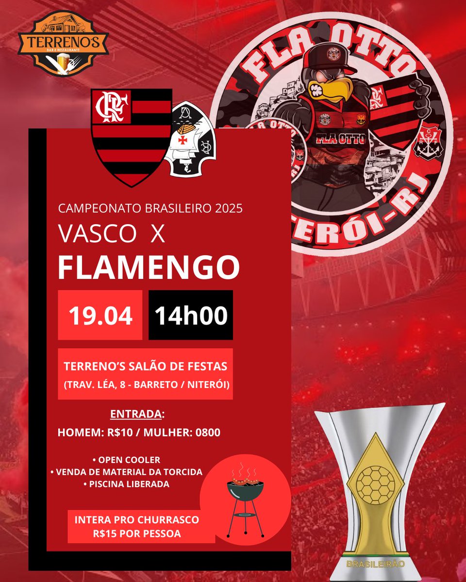 𝐒Á𝐁𝐀𝐃𝐎 É 𝐃𝐈𝐀 𝐃𝐄 𝐂𝐋Á𝐒𝐒𝐈𝐂𝐎 🔴⚫️

Estaremos reunidos no 𝗧𝗘𝗥𝗥𝗘𝗡𝗢’𝗦 𝗦𝗔𝗟Ã𝗢 𝗗𝗘 𝗙𝗘𝗦𝗧𝗔𝗦 para assistirmos ao 𝗠𝗘𝗡𝗚Ã𝗢 no clássico contra o vasco, você rubro-negro(a) é nosso convidado(a), venha torcer com a 𝗙𝗟𝗔 𝗢𝗧𝗧𝗢 em busca da vitória.
