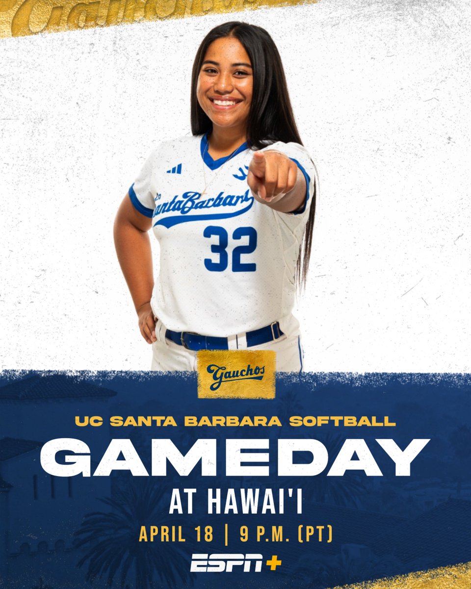 We're on Island Time this weekend! 🏝️

🆚 Hawai'i
📍Rainbow Wahine Softball Stadium | Honolulu, O‘ahu
⏰ 9 p.m. (PT)
📺 ESPN+ | ucsbgauchos.com/WatchSoftballa…
📊 ucsbgauchos.com/SoftballLiveSt…

#GoGauchos