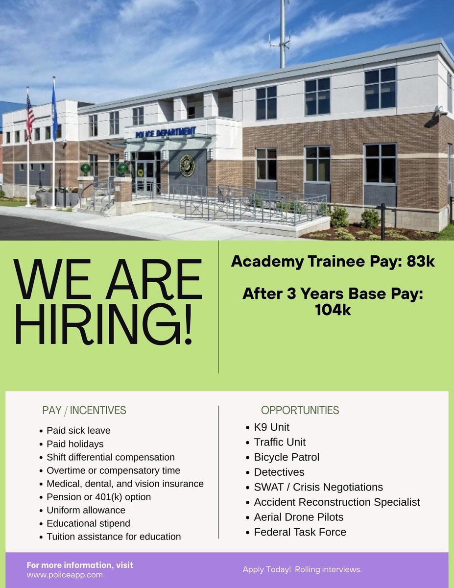 Twitter doesn’t let us use enough characters to described how awesome we are.  But believe us, we are awesome.  If you want to work at the greatest police department on the planet, apply today.  Policeapp.com 

See Facebook and IG for more.