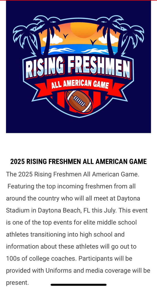Jayden Guzman Qb1 2029 (@jay_guz_13) on Twitter photo Excited to receive an invite to The 2025 RISING FRESHMEN ALL AMERICAN GAME !!
<a href="/QBHitList/">QBHitList.com</a> <a href="/QBUniverseQBU/">QBUniverse</a> <a href="/PhillipsQBA/">Phillips QB Academy</a> <a href="/coachnatemcpeek/">Nathan Mcpeek</a> <a href="/CoachJeffPoe/">Jeffrey Poe</a> <a href="/coachjoelwardle/">Joel Wardle</a> <a href="/coachdaniel_KY/">Devon Daniel</a> <a href="/CoachJay_15/">J̟A̟Y̟ J̟O̟H̟N̟S̟O̟N̟</a> <a href="/FDouglassFB/">Douglass Football</a> <a href="/OreyFerrell/">Orey Ferrell</a> <a href="/CoachPerry_UK/">Mark Perry</a> <a href="/coach_cristobal/">Mario Cristobal</a> Excited to receive an invite to The 2025 RISING FRESHMEN ALL AMERICAN GAME !!
<a href="/QBHitList/">QBHitList.com</a> <a href="/QBUniverseQBU/">QBUniverse</a> <a href="/PhillipsQBA/">Phillips QB Academy</a> <a href="/coachnatemcpeek/">Nathan Mcpeek</a> <a href="/CoachJeffPoe/">Jeffrey Poe</a> <a href="/coachjoelwardle/">Joel Wardle</a> <a href="/coachdaniel_KY/">Devon Daniel</a> <a href="/CoachJay_15/">J̟A̟Y̟ J̟O̟H̟N̟S̟O̟N̟</a> <a href="/FDouglassFB/">Douglass Football</a> <a href="/OreyFerrell/">Orey Ferrell</a> <a href="/CoachPerry_UK/">Mark Perry</a> <a href="/coach_cristobal/">Mario Cristobal</a>
