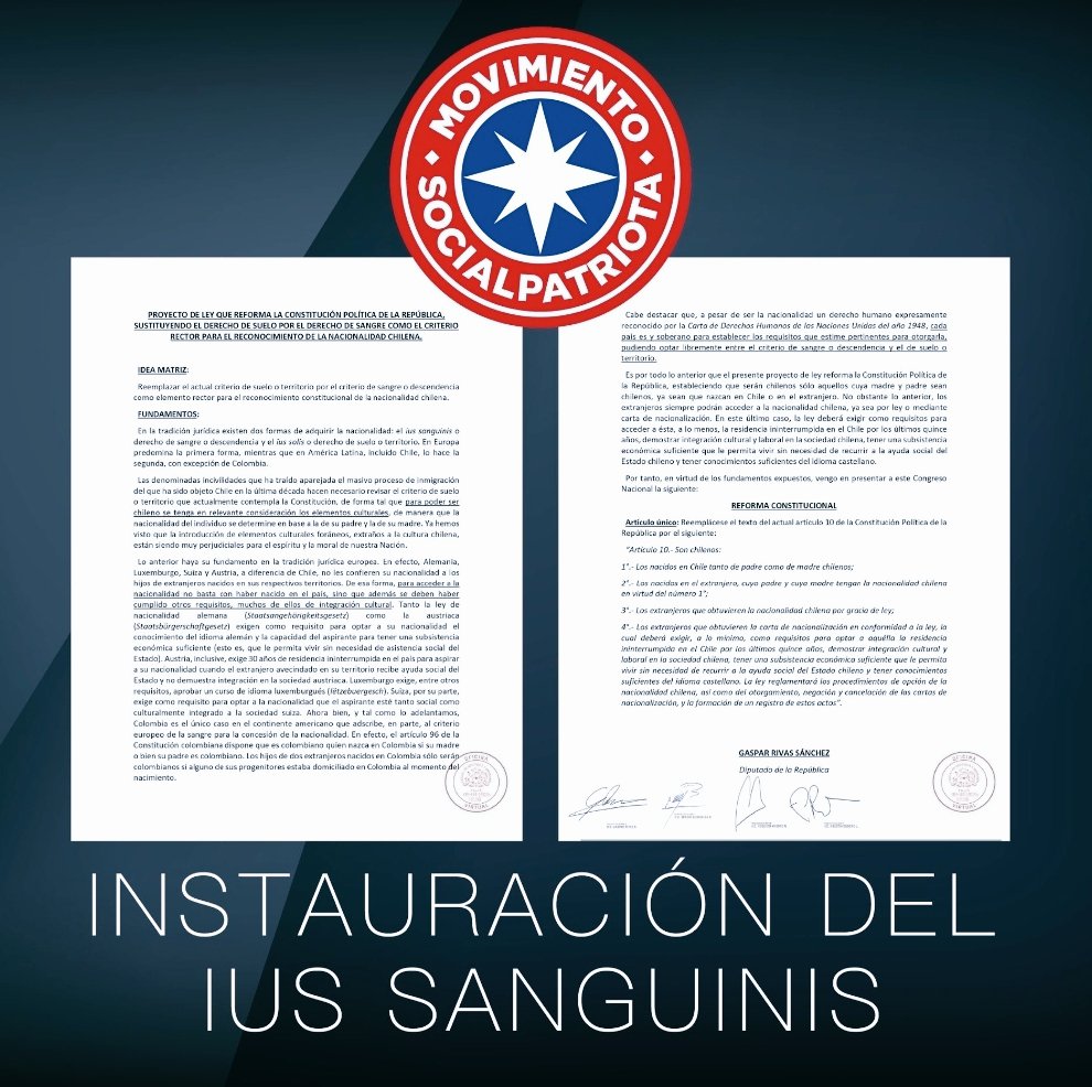 Tor25899035's tweet photo. 🇨🇱 | CHILE PARA LOS CHILENOS: Se viene reforma constitucional "IUS SANGUINIS" para que sean chilenos sólo quienes tengan padre y madre chilenos. Para nacionalizarse: 15 años de residencia, integración cultural y autonomía económica. ¡Exijamos su aprobación! ¿Estás de acuerdo? https://t.co/04LBkTA6Gn